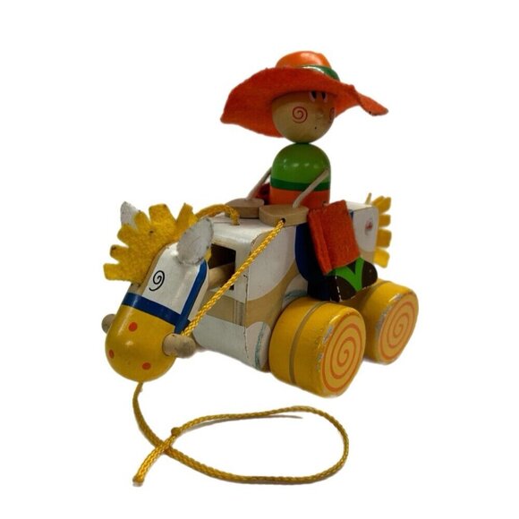 Sevi Italy Cowboy & Horse wooden pull along toy VINTAGE - Picture 1 of 4